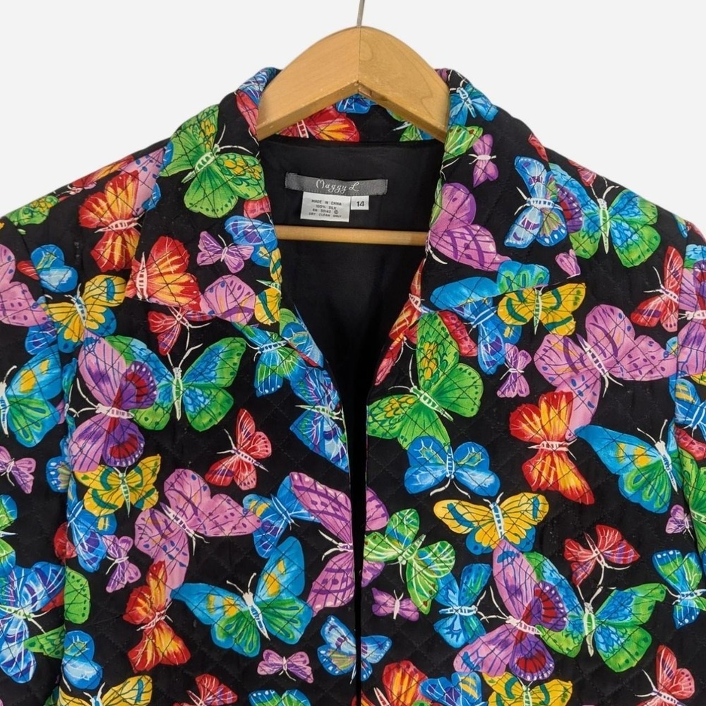 Maggy L Silk Butterfly Print Quilted Jacket Vintage 90s 14 - Picture 3 of 7